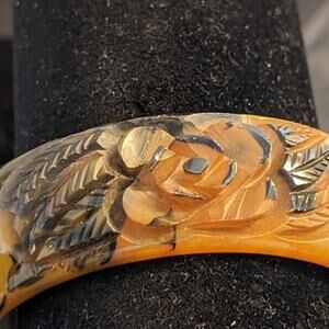 Bakelite! Rare Carved Translucent End of Day Roses Bakelite Bangle Bracelet